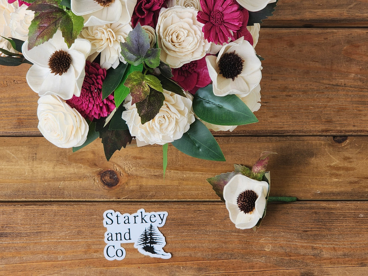 Winery Inspired Wedding Bouquet with a matching Boutonniere in Ivory and Wine/Burgundy
