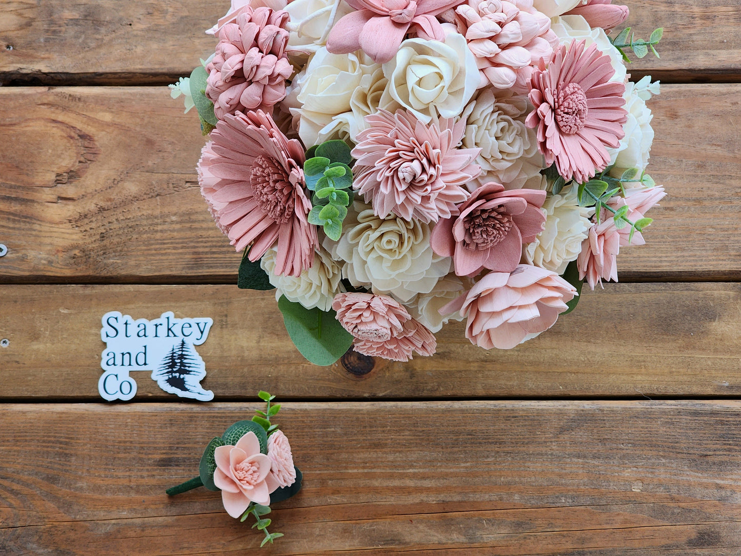 Wedding Bouquet with a matching Boutonniere in Ivory and Shades of Pink