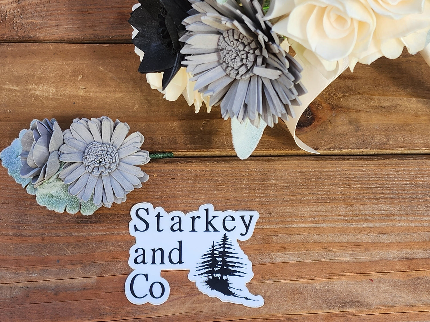 Wedding Bouquet with a matching Boutonniere in Ivory, Black and Gray