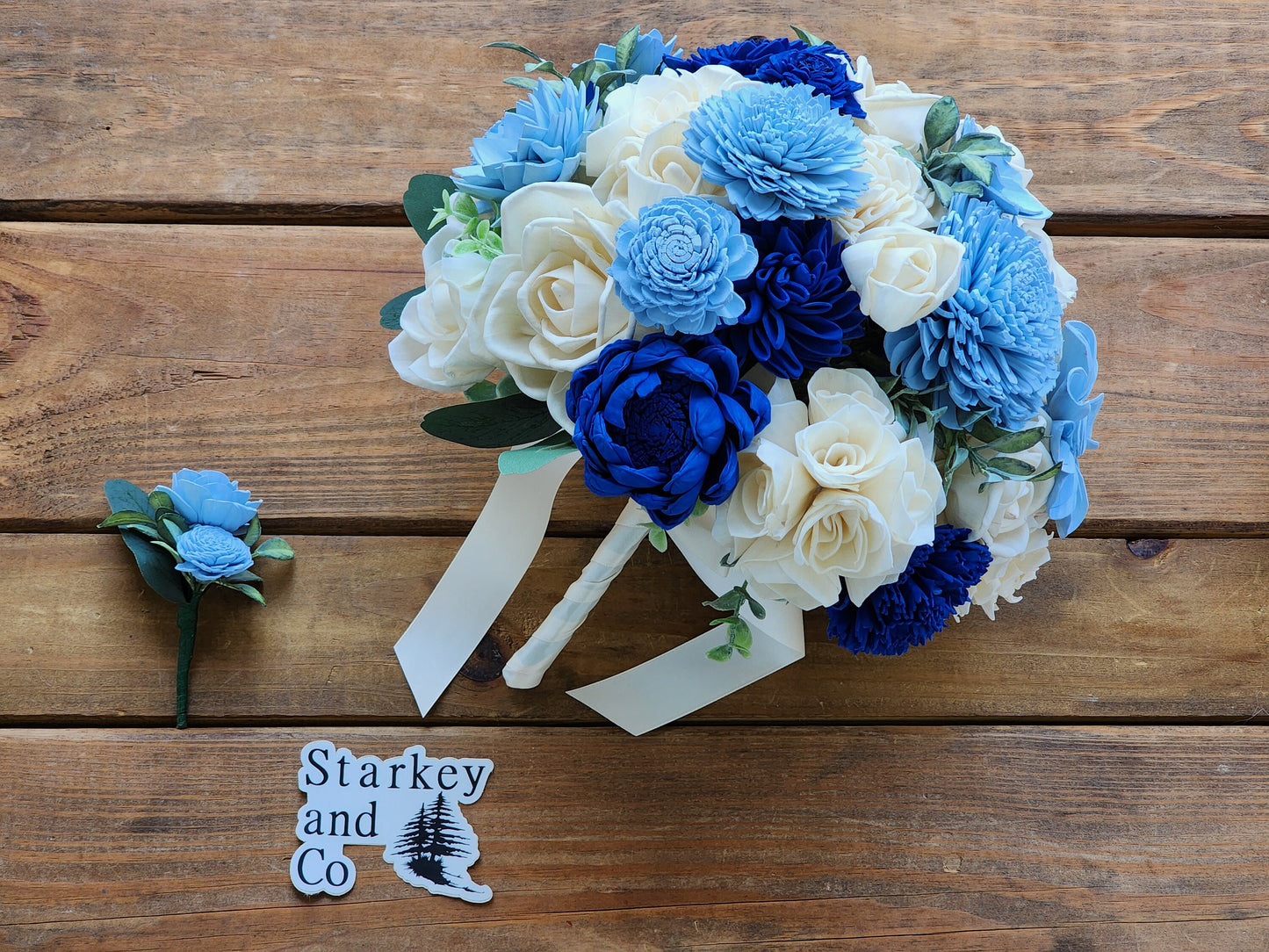 Wedding Bouquet with a matching Boutonniere in Ivory and Shades of Blue