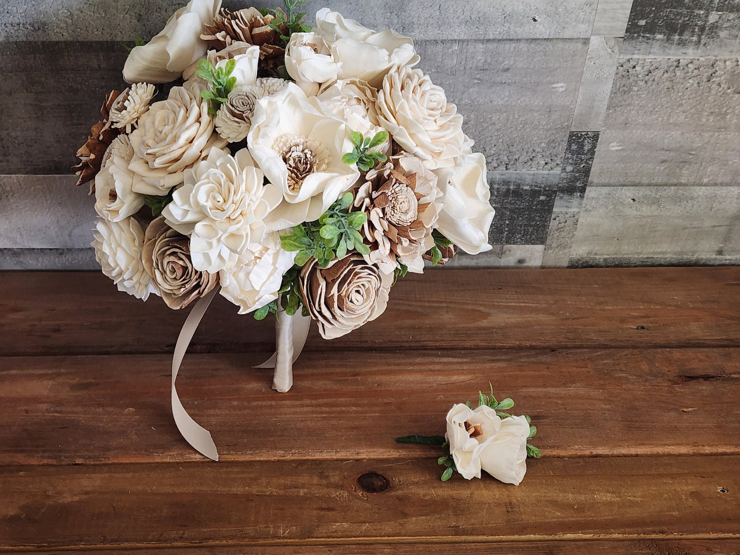 Country Inspired Wedding Bouquet with a matching Boutonniere