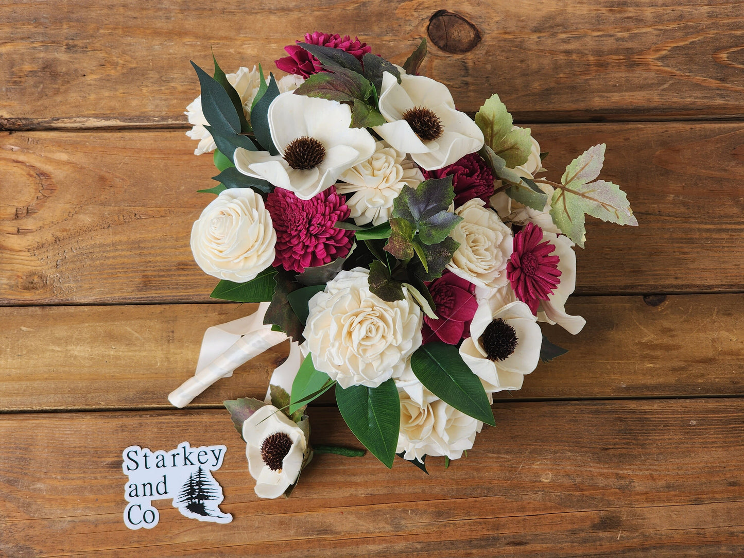Winery Inspired Wedding Bouquet with a matching Boutonniere in Ivory and Wine/Burgundy