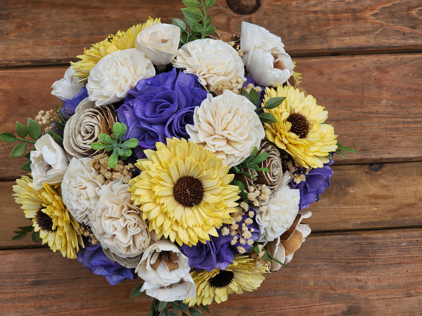 Rustic Inspired Wedding Bouquet with a matching Boutonniere in Ivory, Tan, Yellow and Purple
