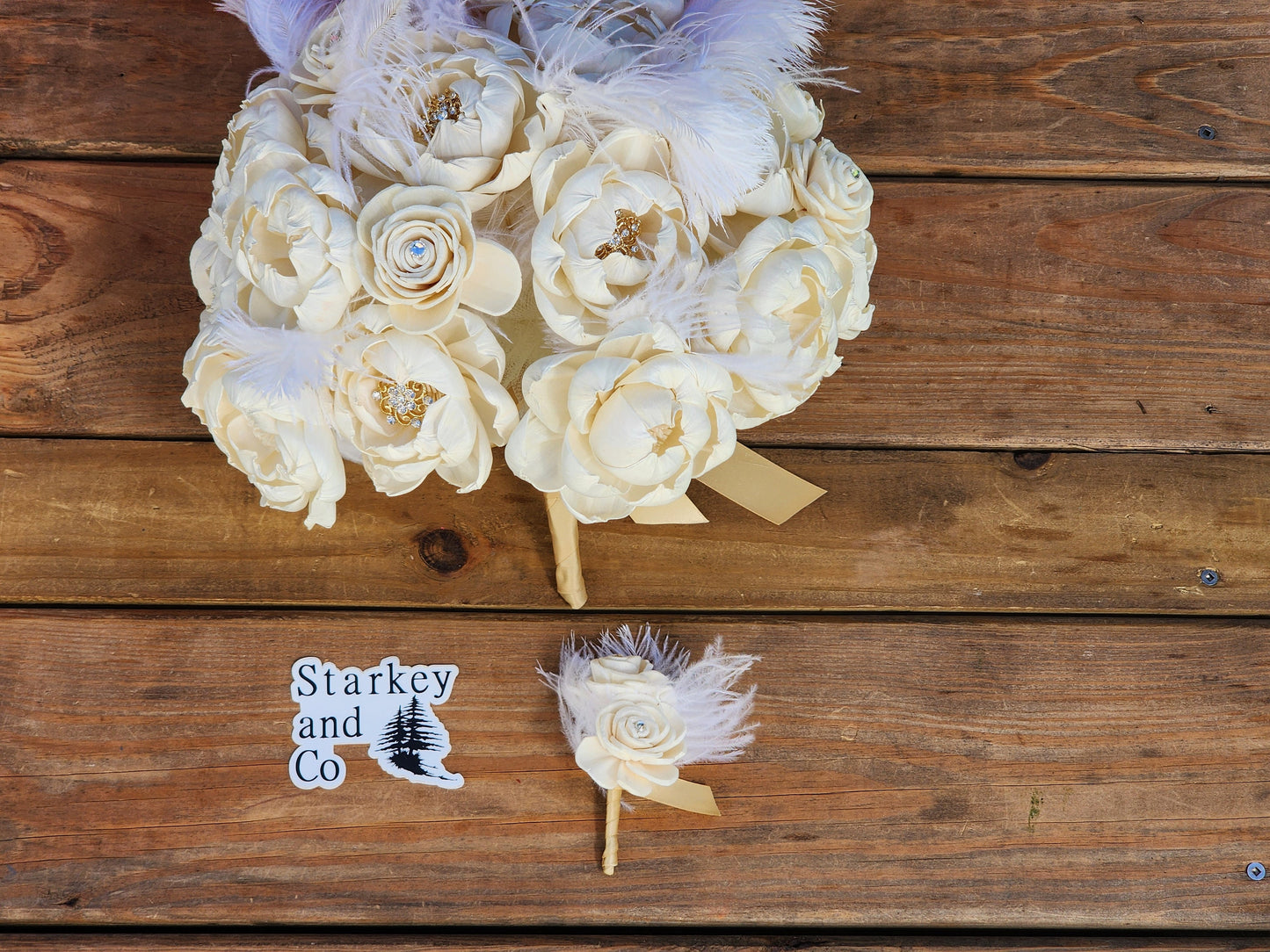 Wedding Bouquet with a matching Boutonniere in Ivory accented Gold/Rhinestone Brooches and Orstich Feathers