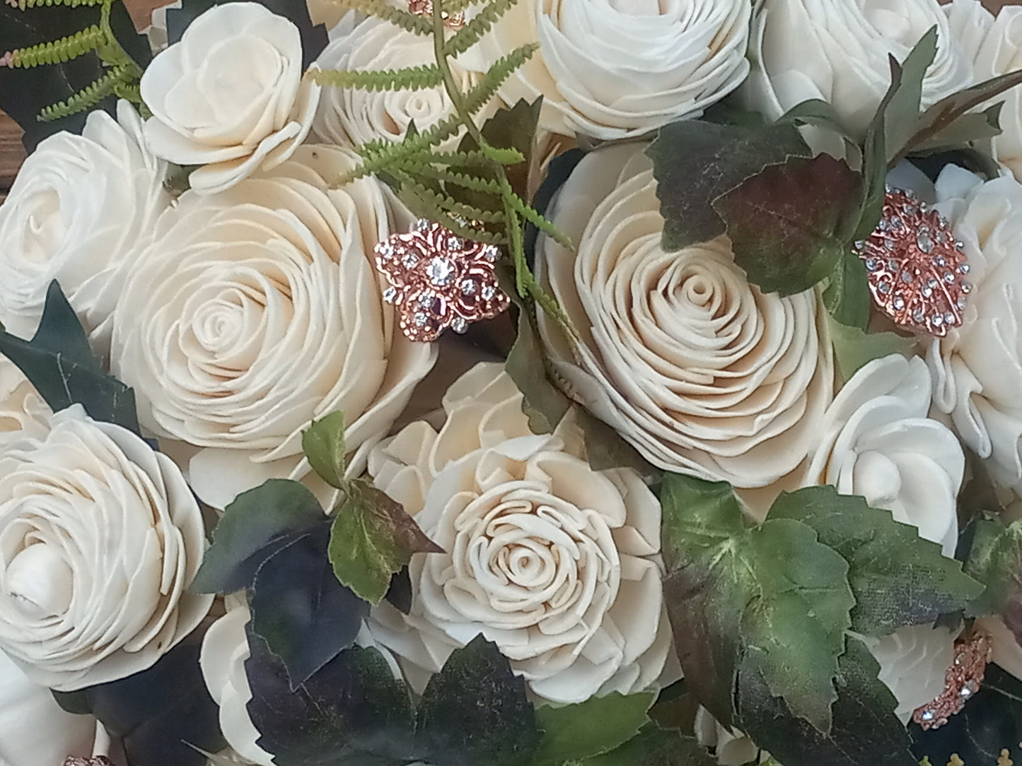 Wedding Bouquet accented with Rhinestone Brooches and a matching Boutonniere