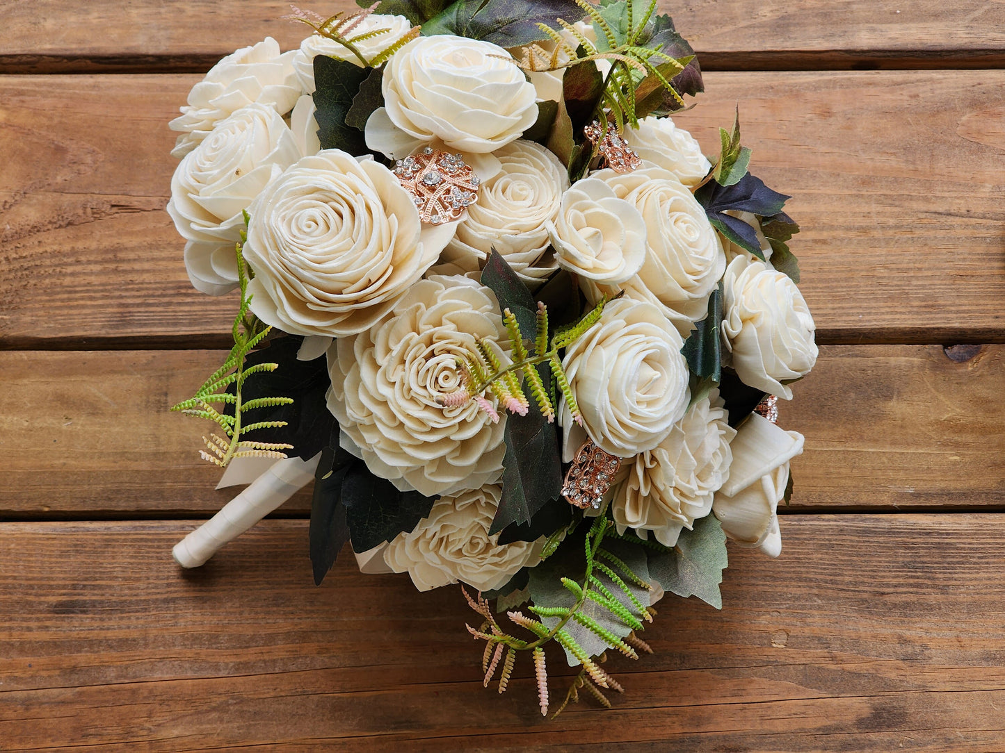 Wedding Bouquet accented with Rhinestone Brooches and a matching Boutonniere