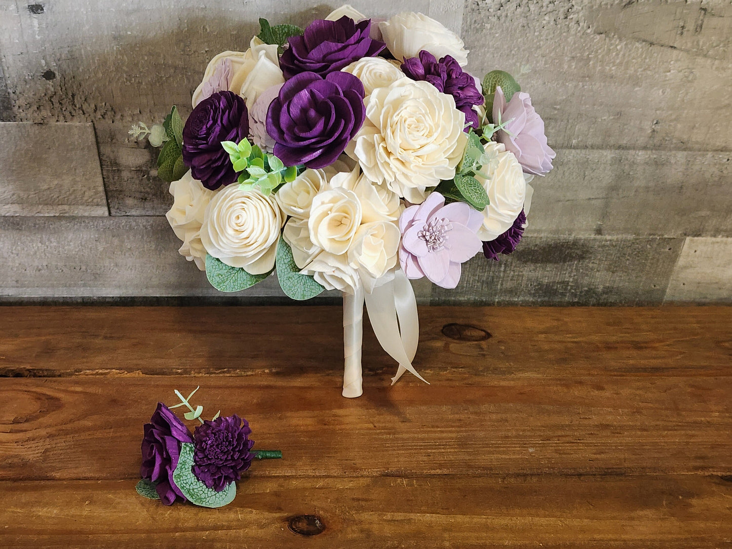 Wedding Bouquet with a matching Boutonniere in Ivory and Shades of Purple