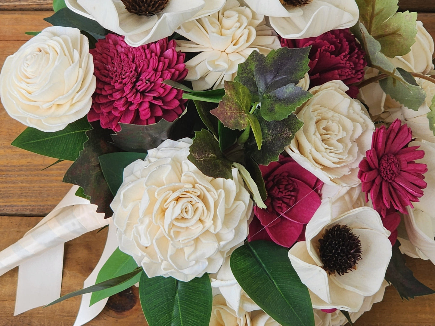 Winery Inspired Wedding Bouquet with a matching Boutonniere in Ivory and Wine/Burgundy