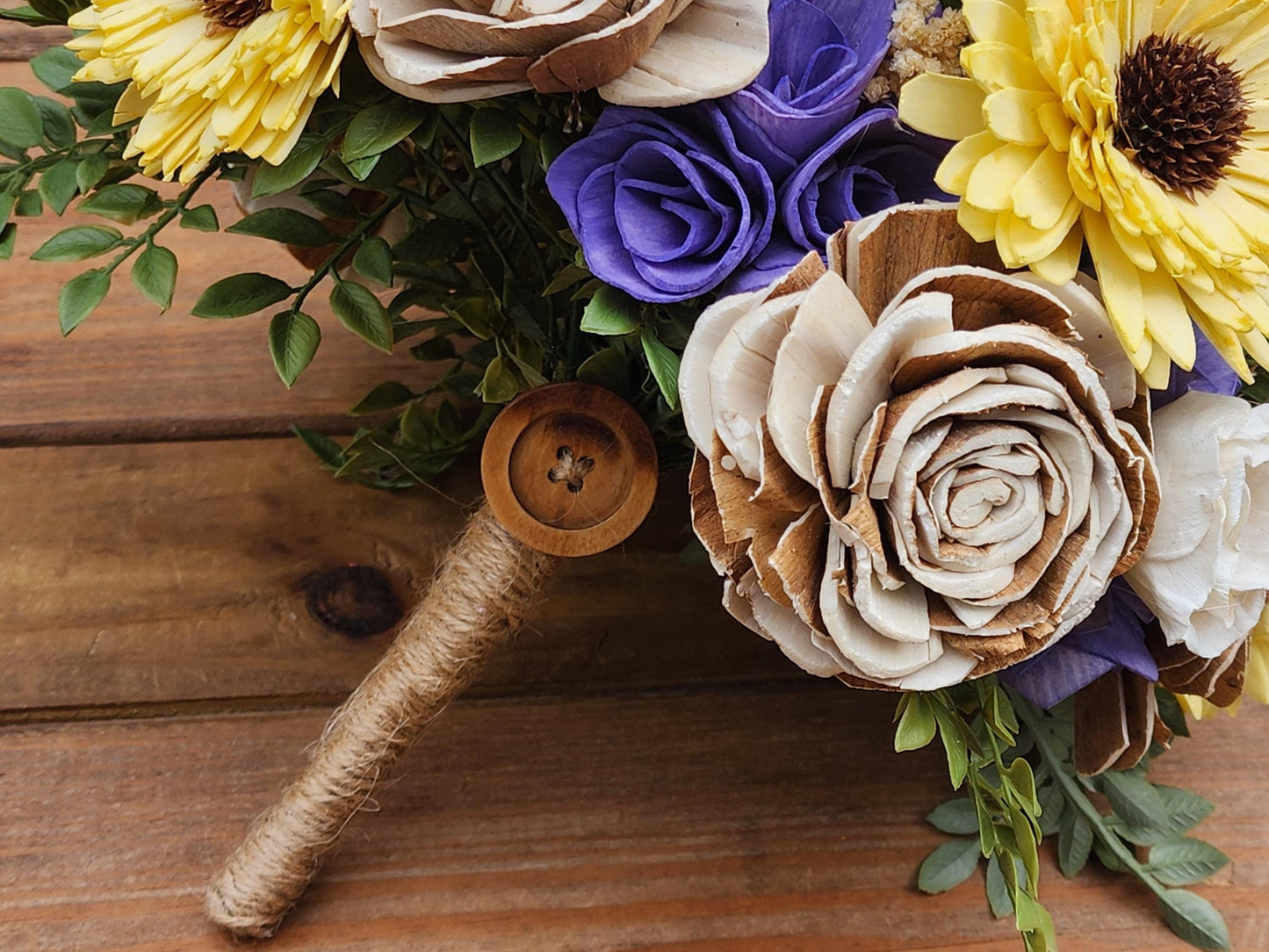 Rustic Inspired Wedding Bouquet with a matching Boutonniere in Ivory, Tan, Yellow and Purple