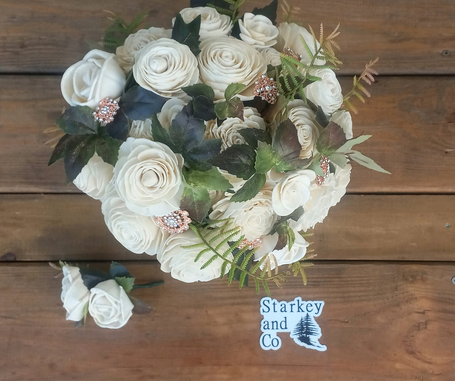 Wedding Bouquet accented with Rhinestone Brooches and a matching Boutonniere