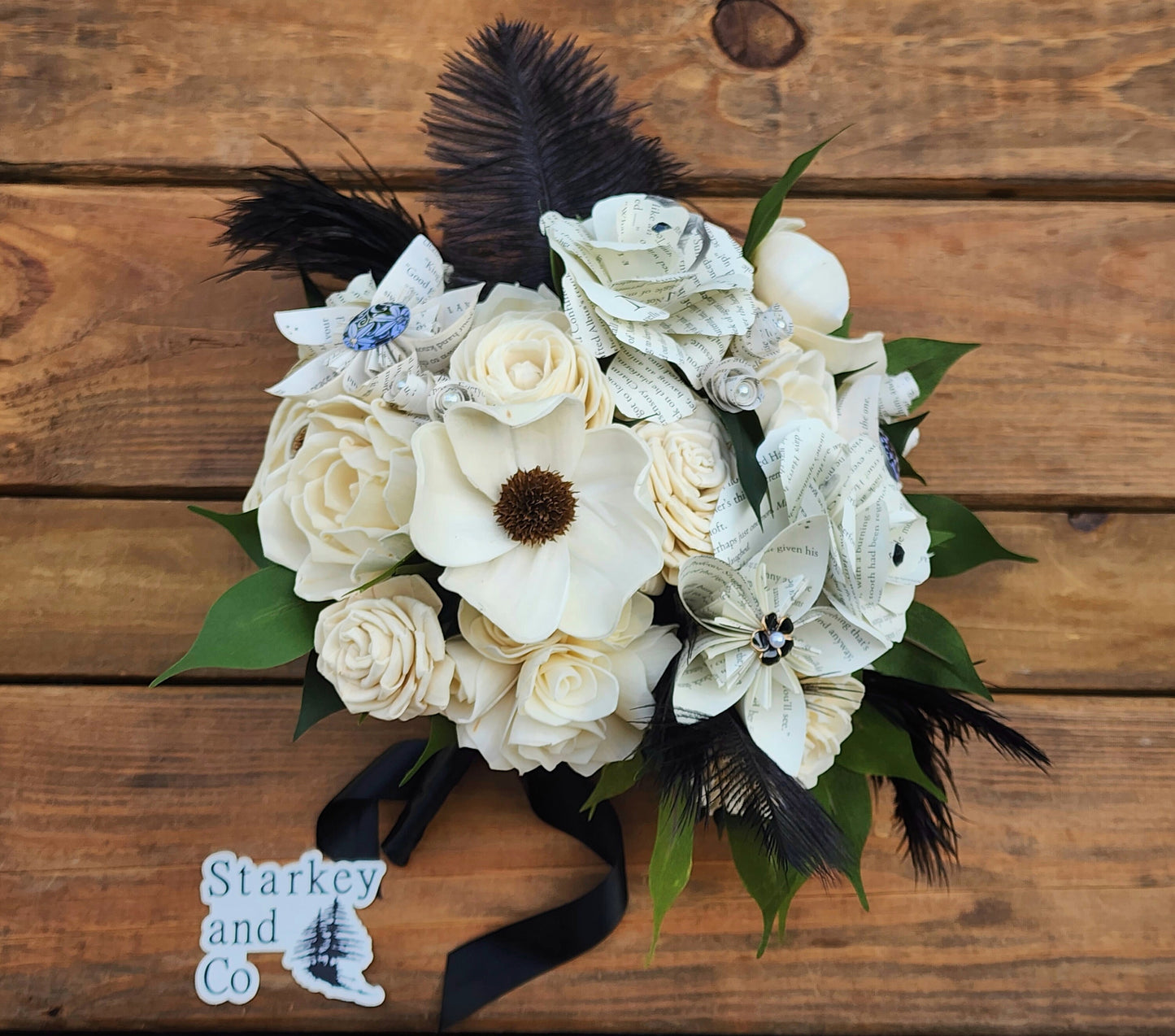 Storybook Theme Wedding Bouquet with a matching Boutonniere in Black and White