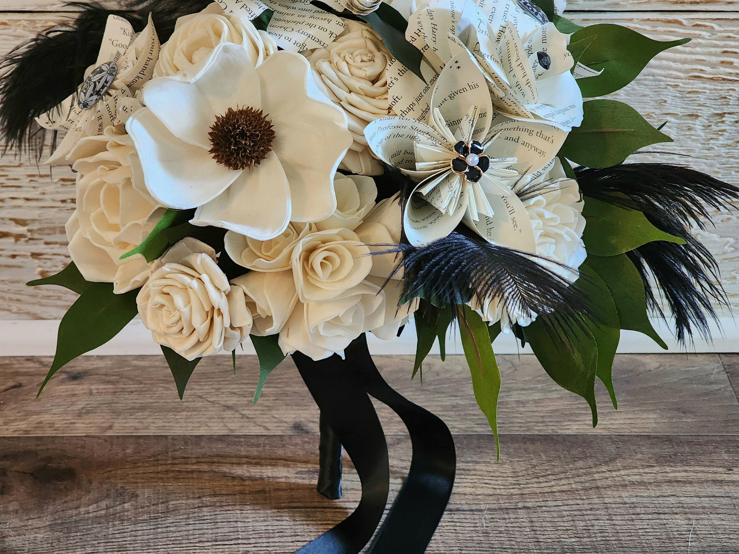 Storybook Theme Wedding Bouquet with a matching Boutonniere in Black and White