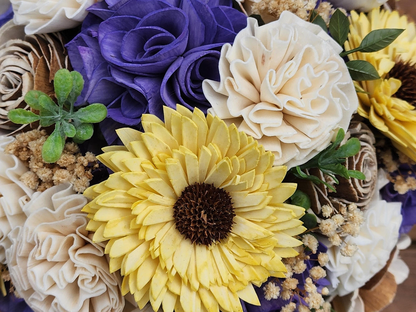 Rustic Inspired Wedding Bouquet with a matching Boutonniere in Ivory, Tan, Yellow and Purple
