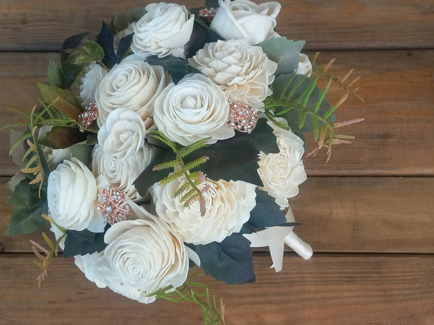 Wedding Bouquet accented with Rhinestone Brooches and a matching Boutonniere
