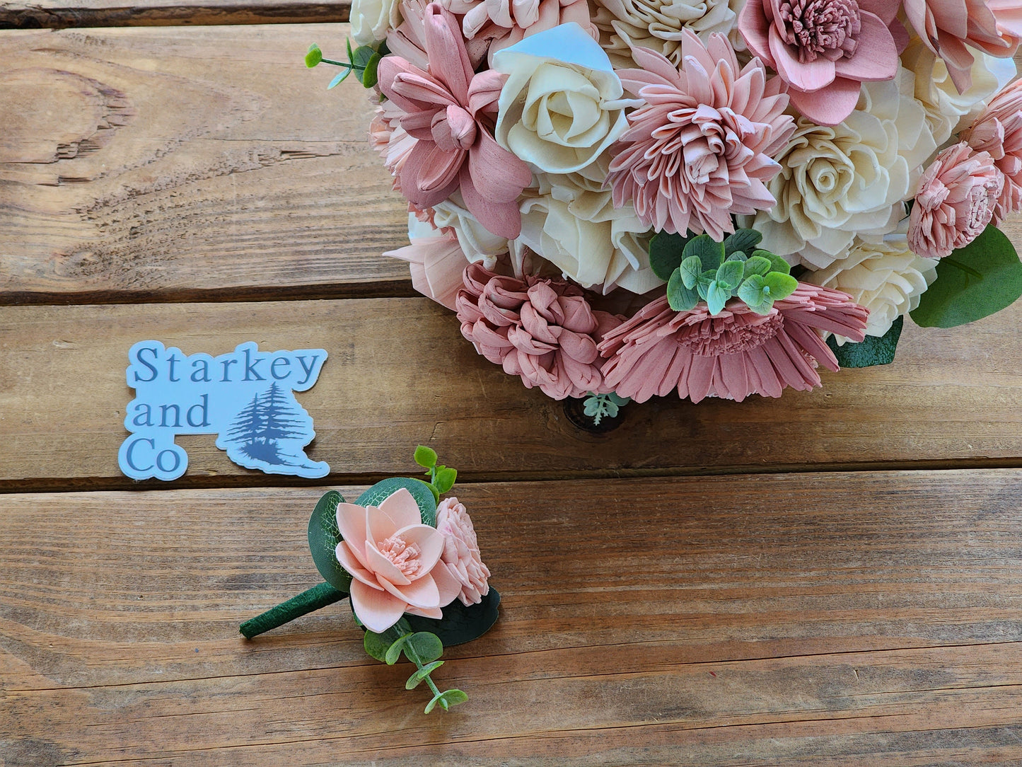 Wedding Bouquet with a matching Boutonniere in Ivory and Shades of Pink