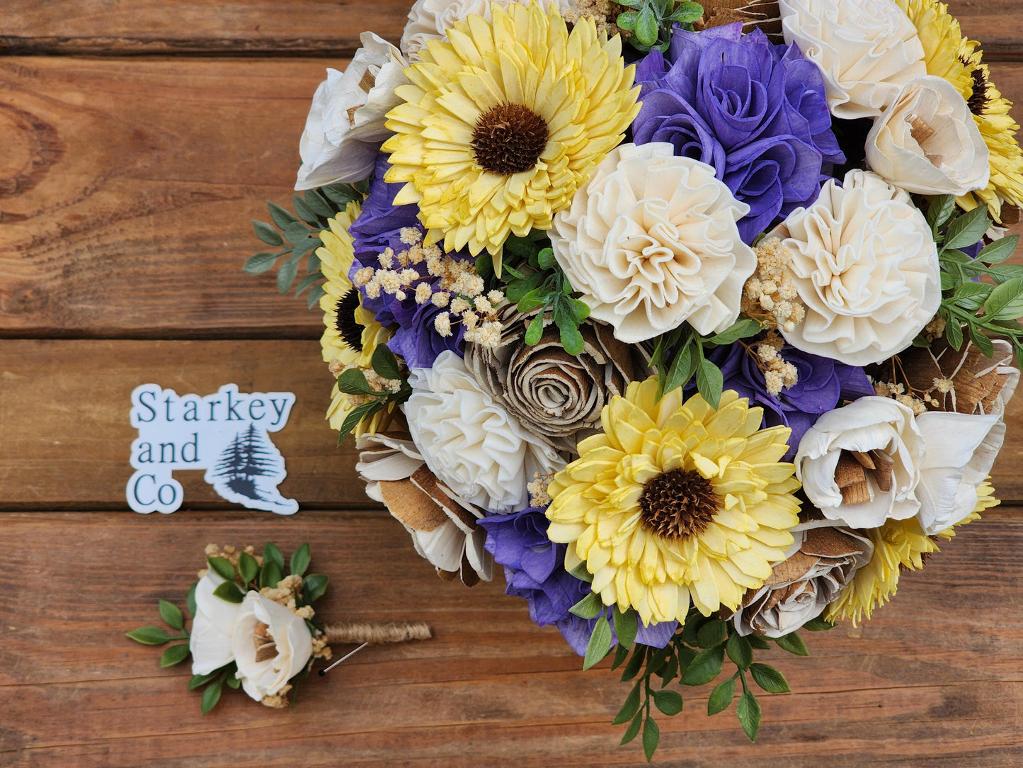 Rustic Inspired Wedding Bouquet with a matching Boutonniere in Ivory, Tan, Yellow and Purple