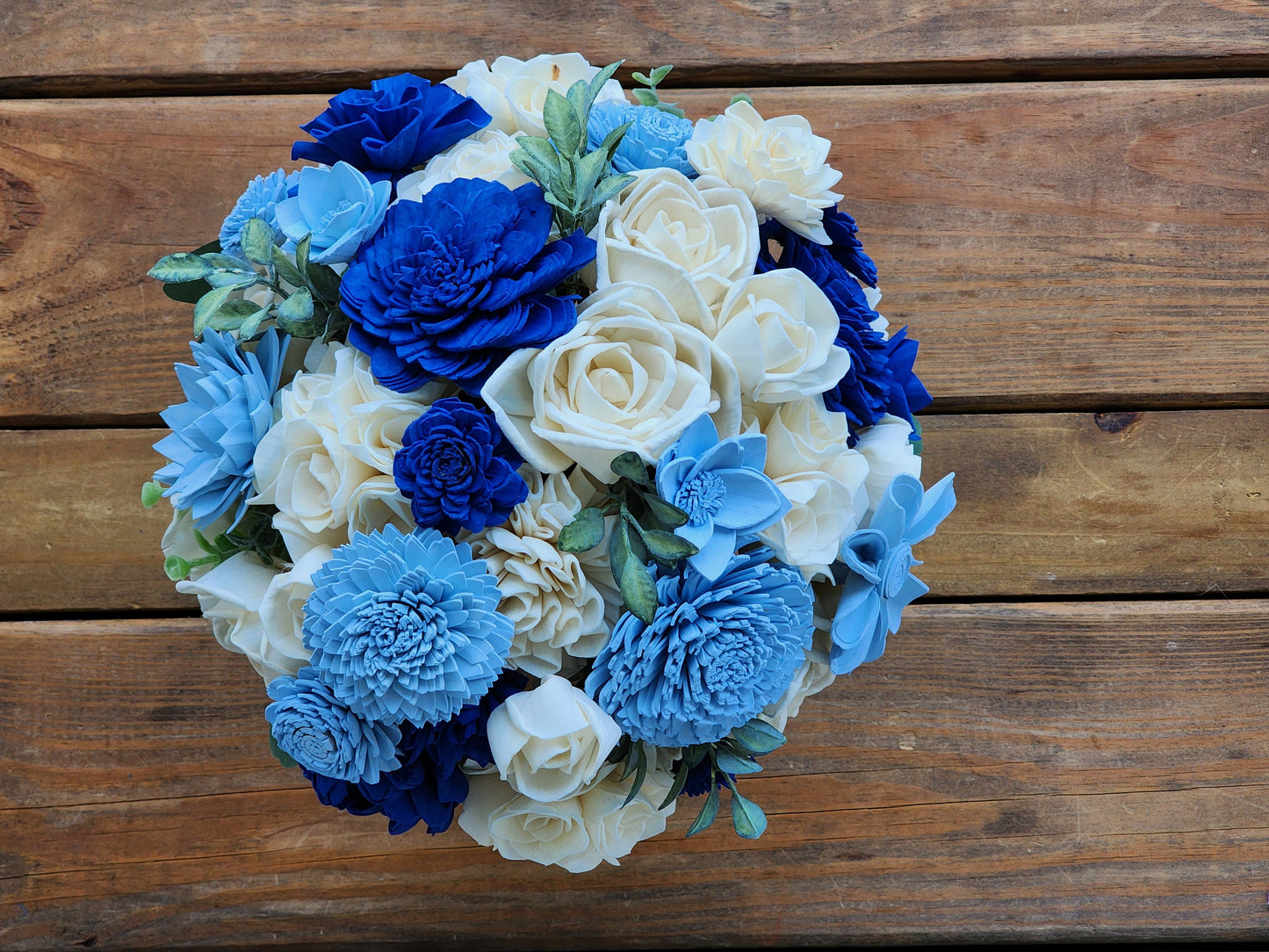 Wedding Bouquet with a matching Boutonniere in Ivory and Shades of Blue