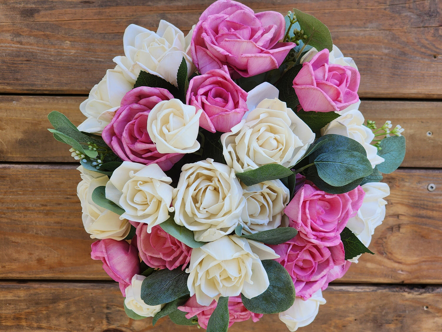 Wedding Bouquet with a matching Boutonniere in Ivory and Pink