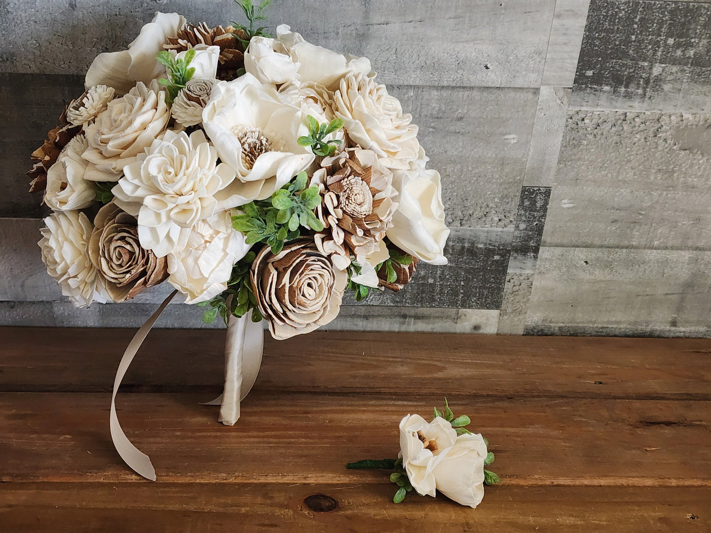 Country Inspired Wedding Bouquet with a matching Boutonniere