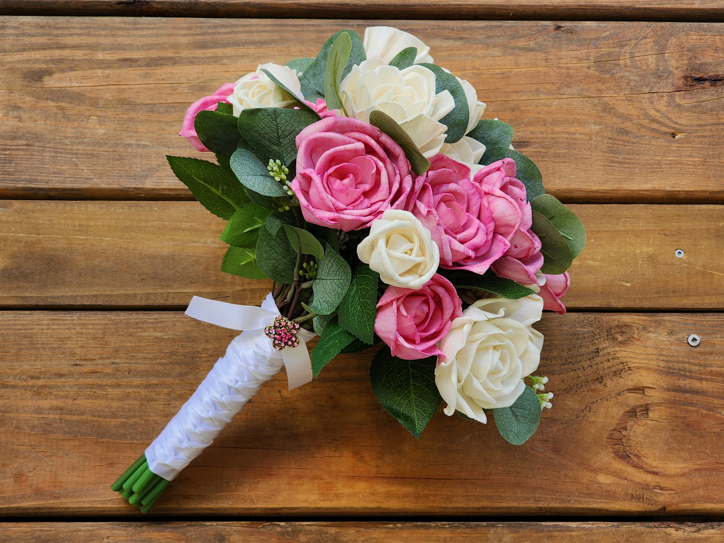 Wedding Bouquet with a matching Boutonniere in Ivory and Pink