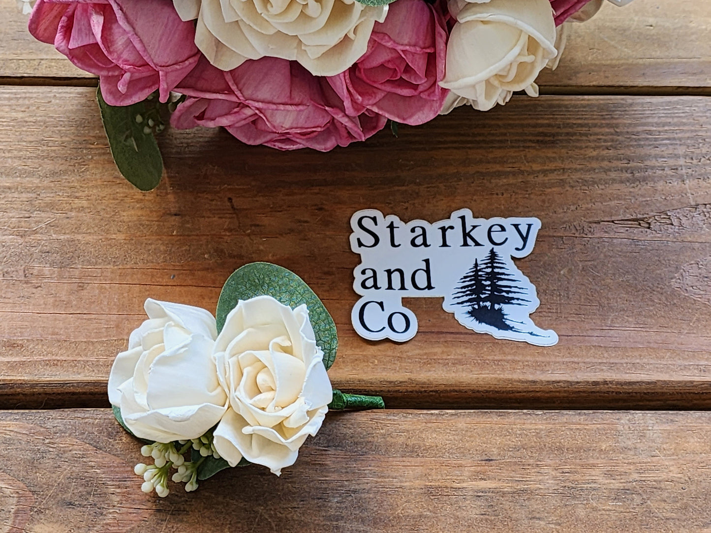 Wedding Bouquet with a matching Boutonniere in Ivory and Pink