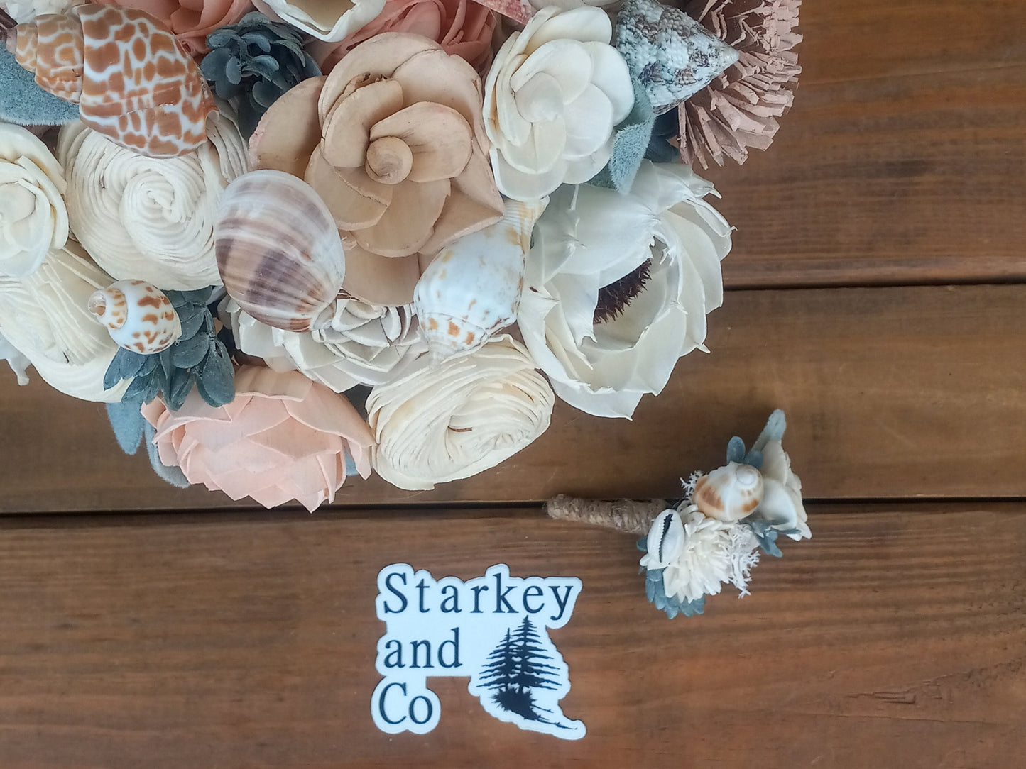 Beach Theme Wedding Bouquet with a matching Boutonniere in Shades of Pinks and Peaches