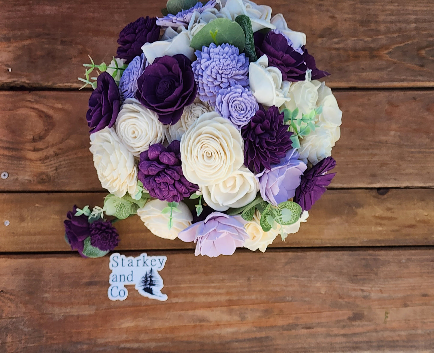 Wedding Bouquet with a matching Boutonniere in Ivory and Shades of Purple