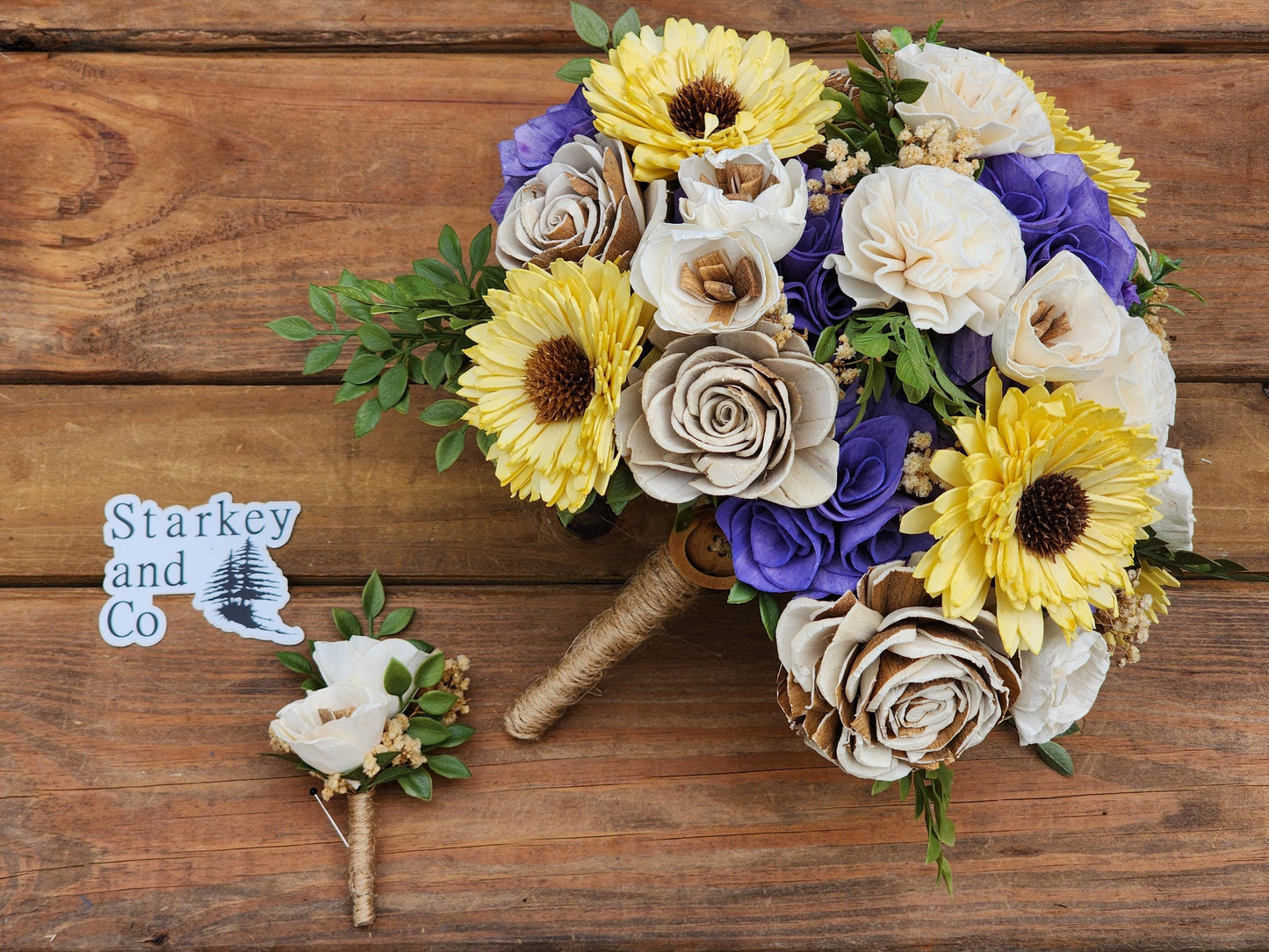 Rustic Inspired Wedding Bouquet with a matching Boutonniere in Ivory, Tan, Yellow and Purple