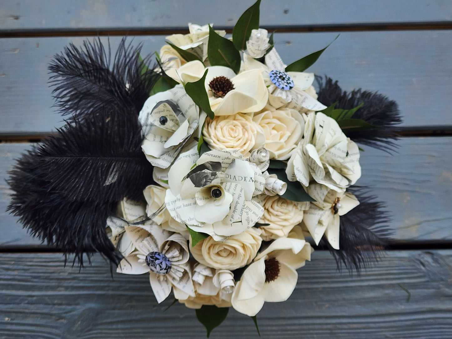 Storybook Theme Wedding Bouquet with a matching Boutonniere in Black and White