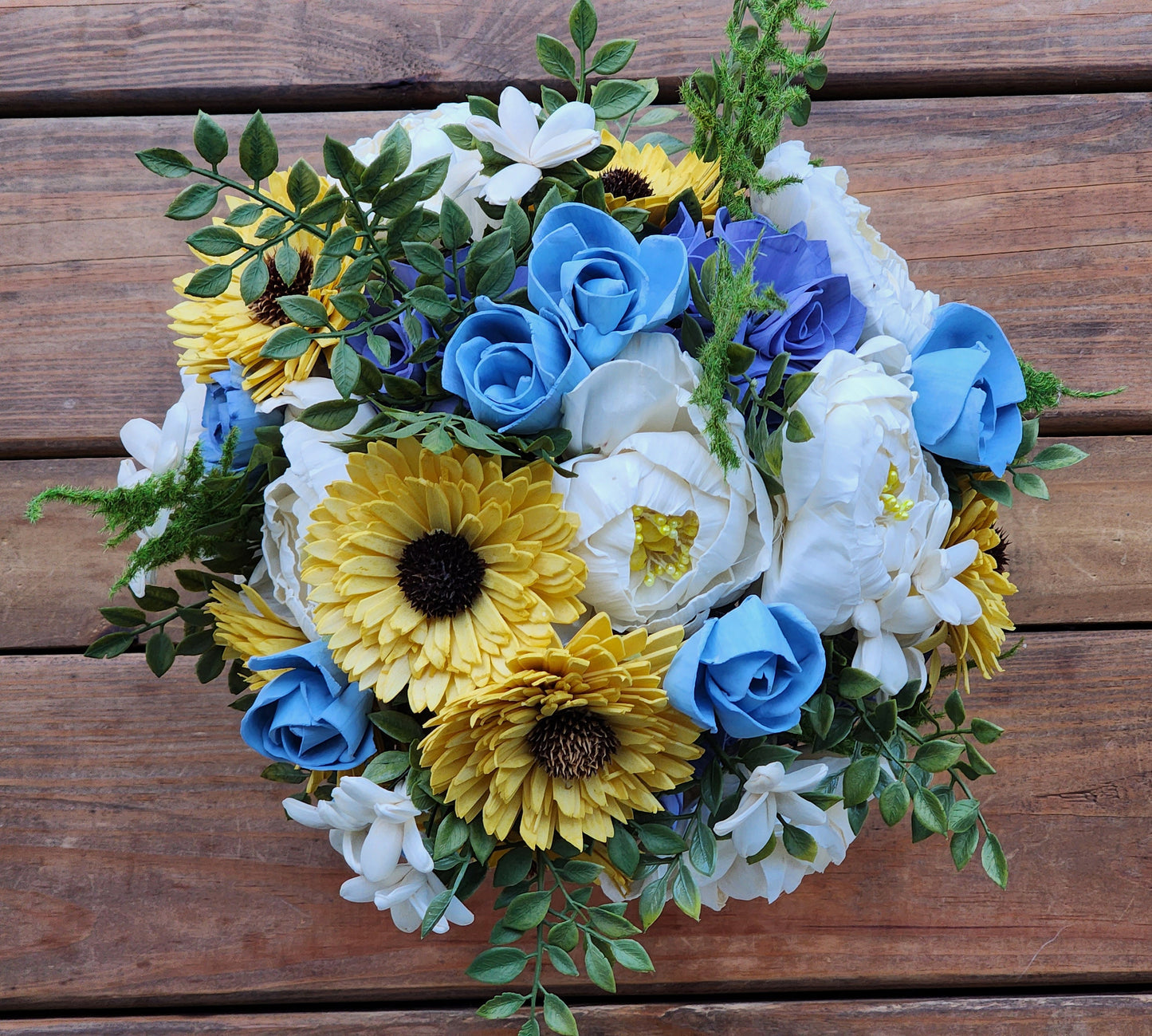 Spring Inspired Wedding Bouquet with a matching Boutonniere in Ivory, Yellow, and Shades of Blue