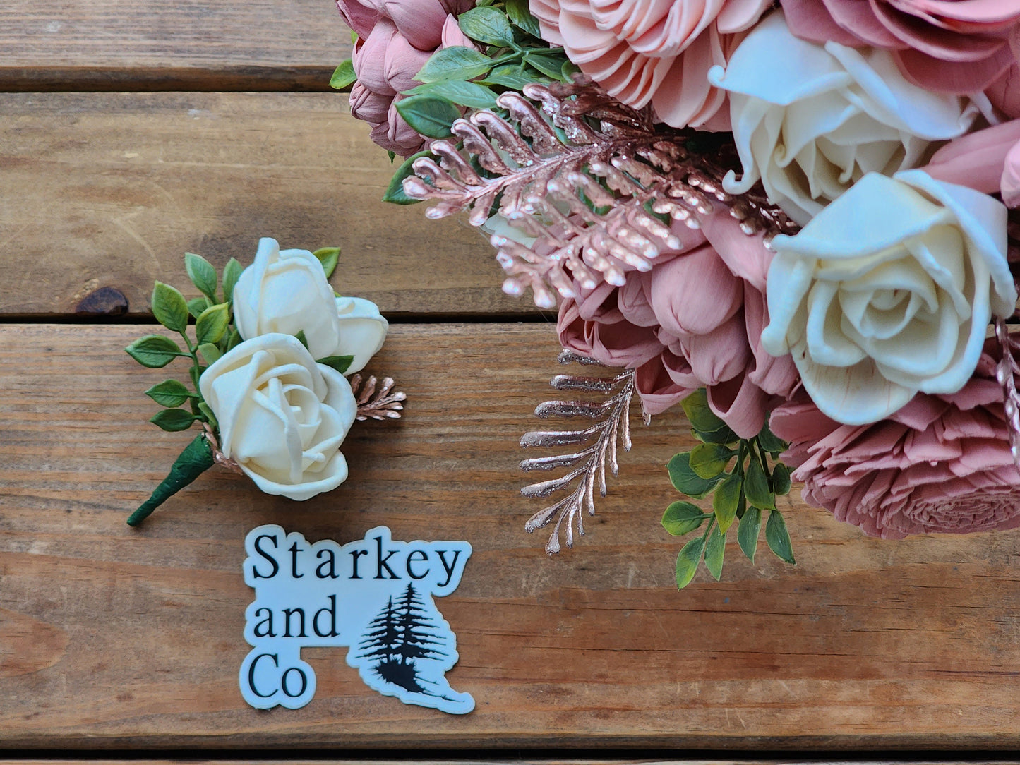 Wedding Bouquet with a matching Boutonniere in Ivory, Shades of Pink and Rose Gold