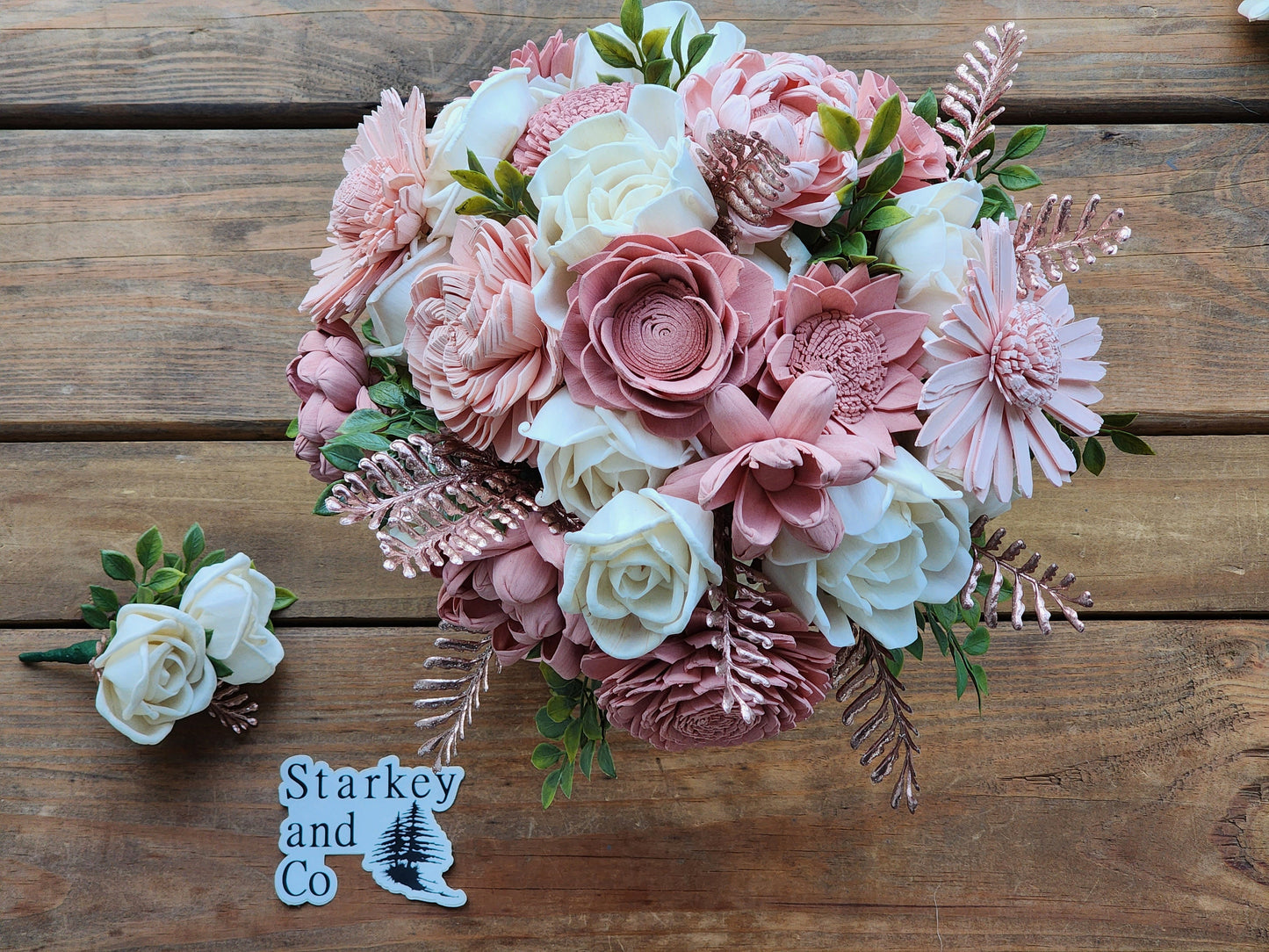 Wedding Bouquet with a matching Boutonniere in Ivory, Shades of Pink and Rose Gold