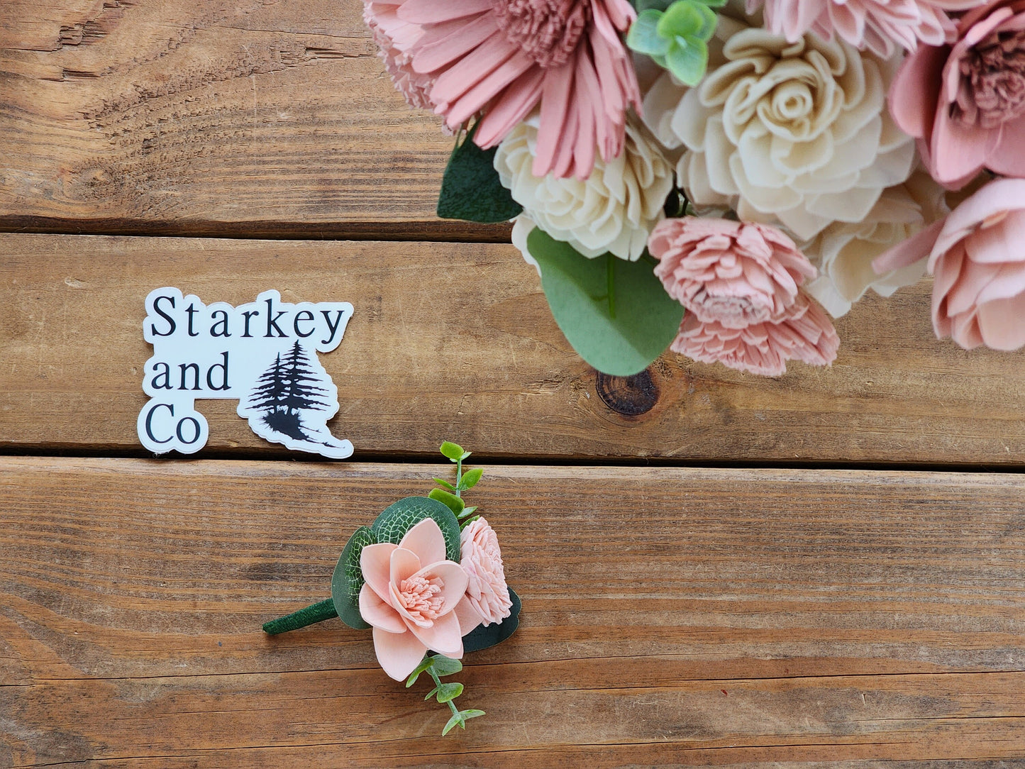 Wedding Bouquet with a matching Boutonniere in Ivory and Shades of Pink