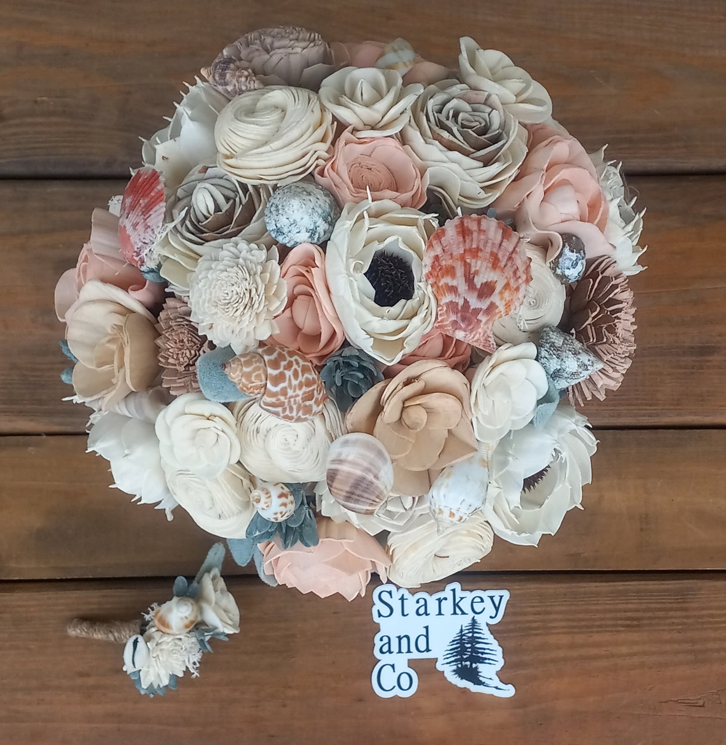 Beach Theme Wedding Bouquet with a matching Boutonniere in Shades of Pinks and Peaches