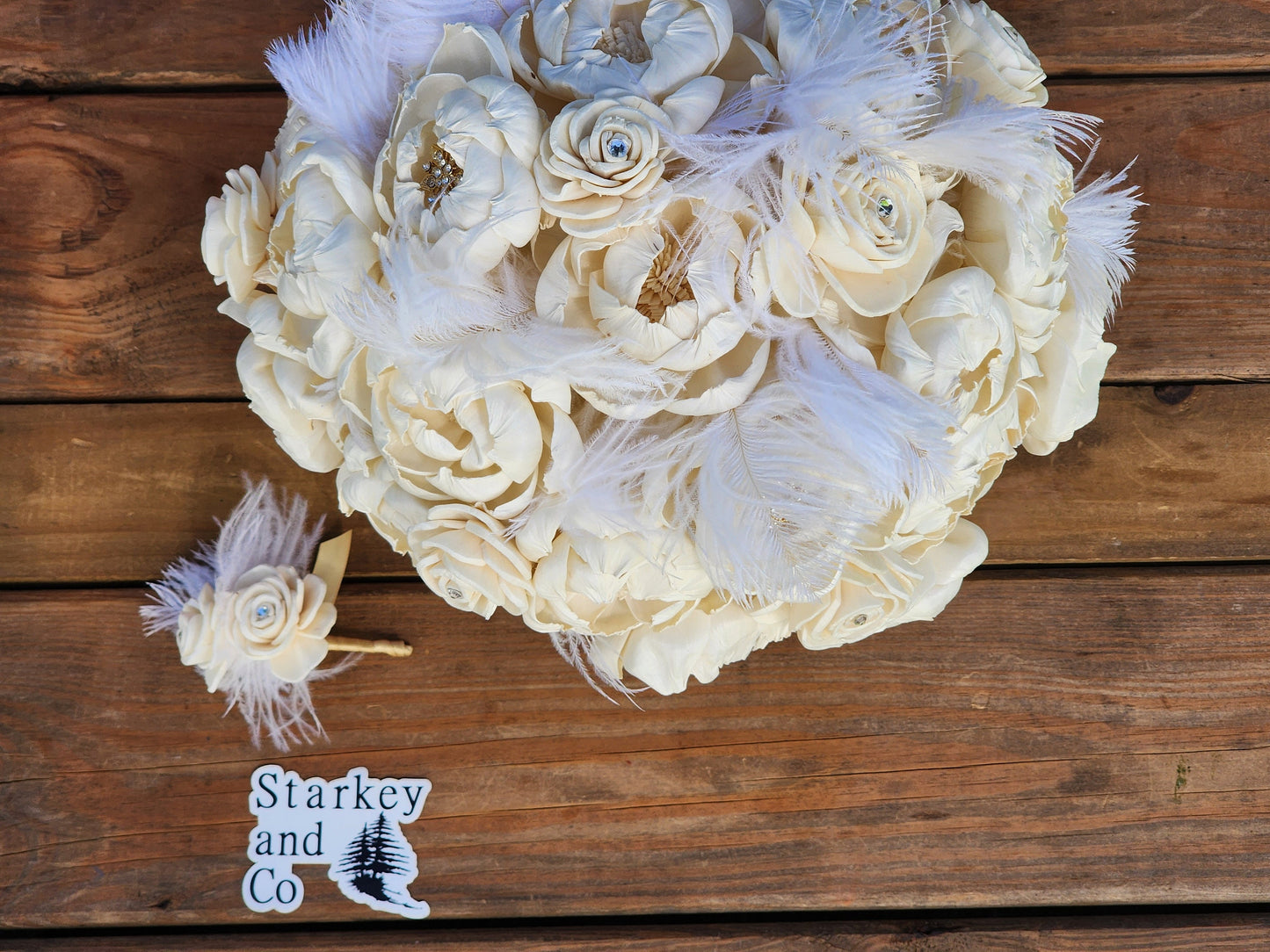 Wedding Bouquet with a matching Boutonniere in Ivory accented Gold/Rhinestone Brooches and Orstich Feathers