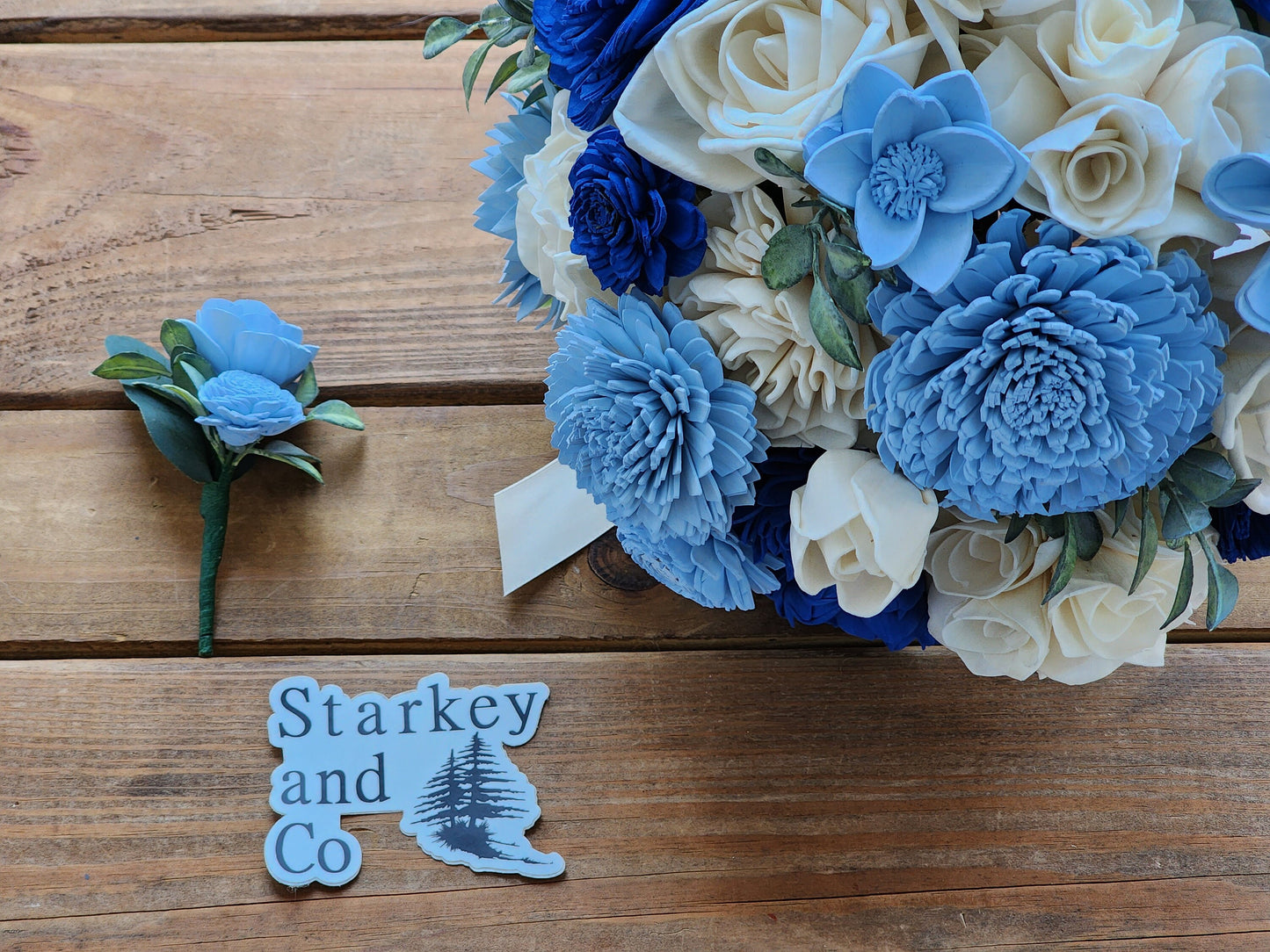 Wedding Bouquet with a matching Boutonniere in Ivory and Shades of Blue