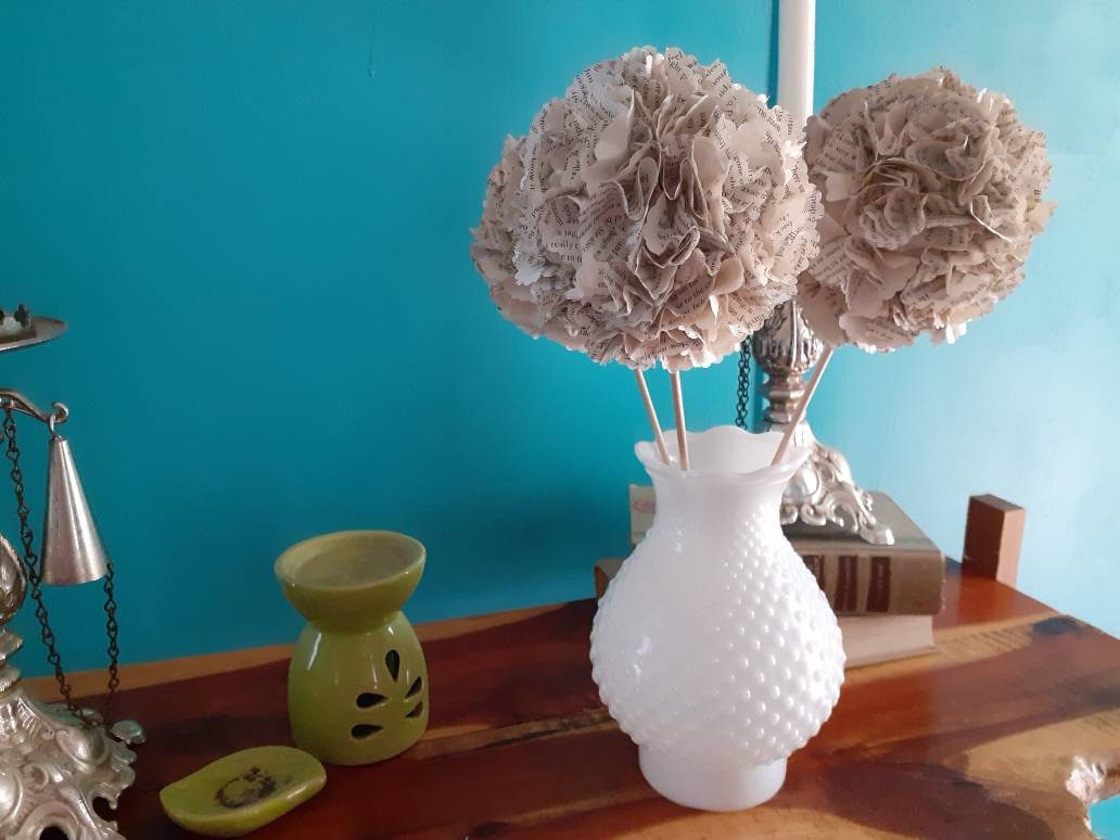 Book Page Hydrangea Blossoms Set of 3, Literary Flowers, Paper Flowers, Rustic Home Decor, Book Lover Gift, Farmhouse Decor