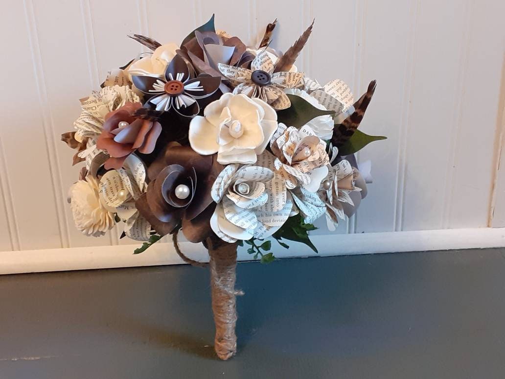 Storybook and Rustic Inspired Brides Bouquet and a matching Boutonniere in Shades of Brown