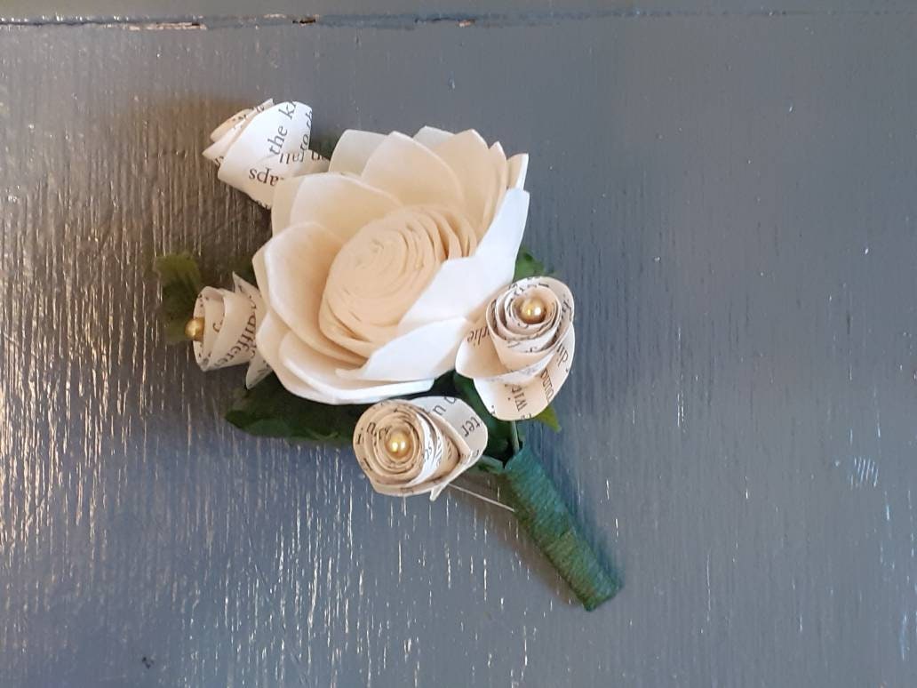 Book Page Flower Bridal Bouquet: Sola Wood Flowers & Brooches