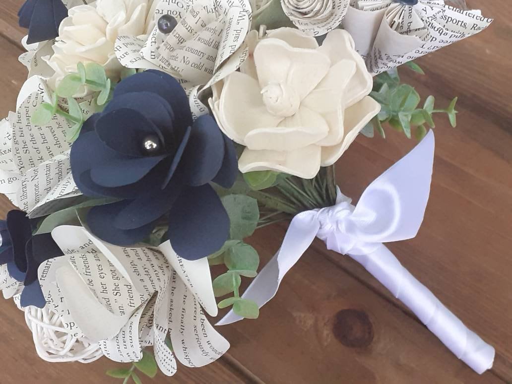 Book Page & Sola Wood Flower Bridal Bouquet: Literary Wedding Decor