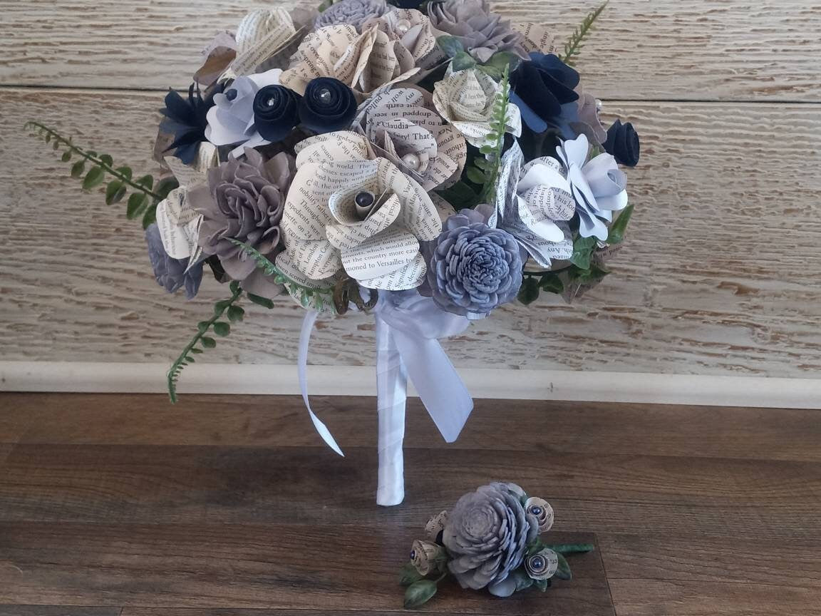 Blue & Gray Book Page Flower Bridal Bouquet with Boutonniere