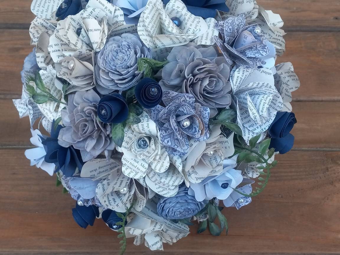 Storybook Inspired Garden style Brides Bouquet with a matching Boutonniere in Navy and Shades of Gray