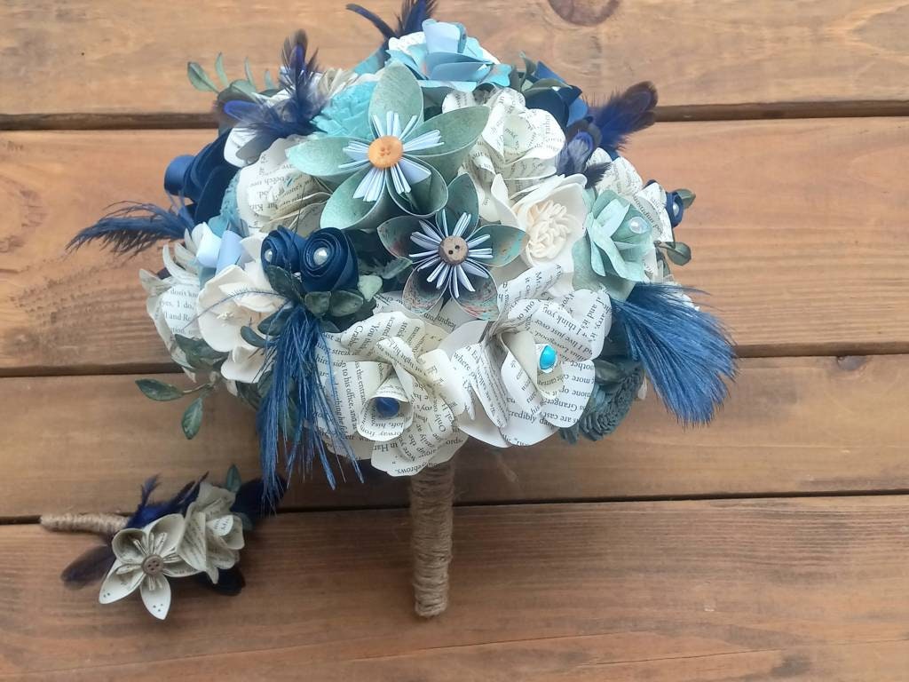Storybook and Boho Inspired Brides Bouquet with a matching Boutonniere in Shades of Blues