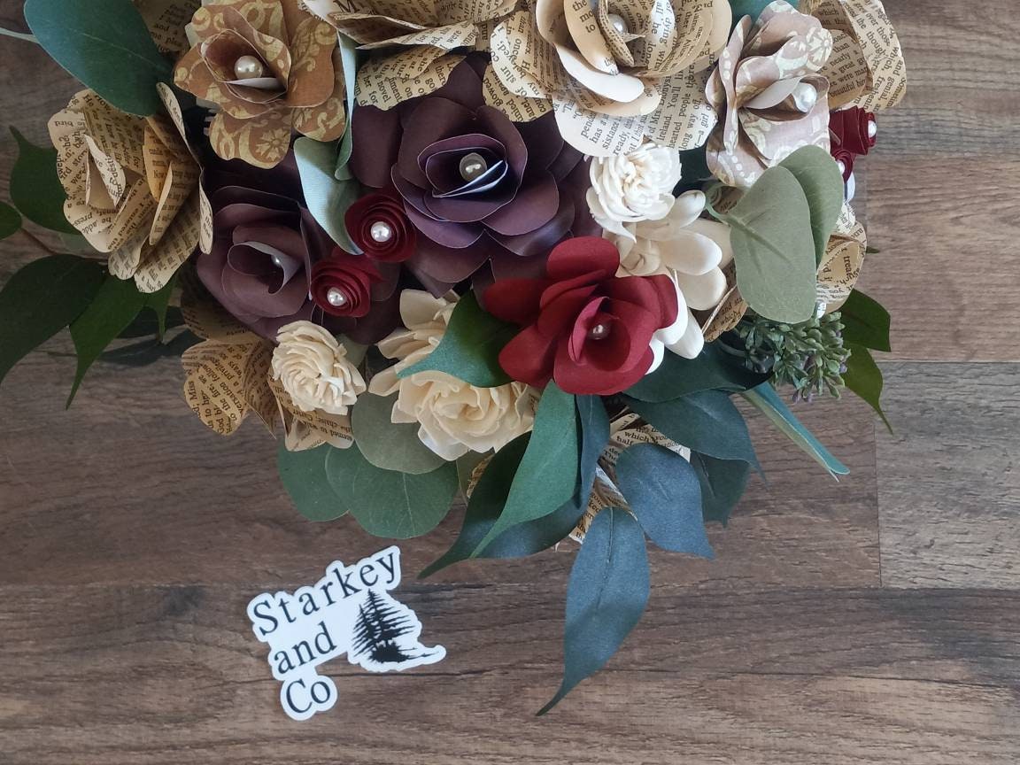 Storybook Theme Rustic Brides Bouquet with a matching Boutonniere in Shades of Red, Deep Red and Burgundy