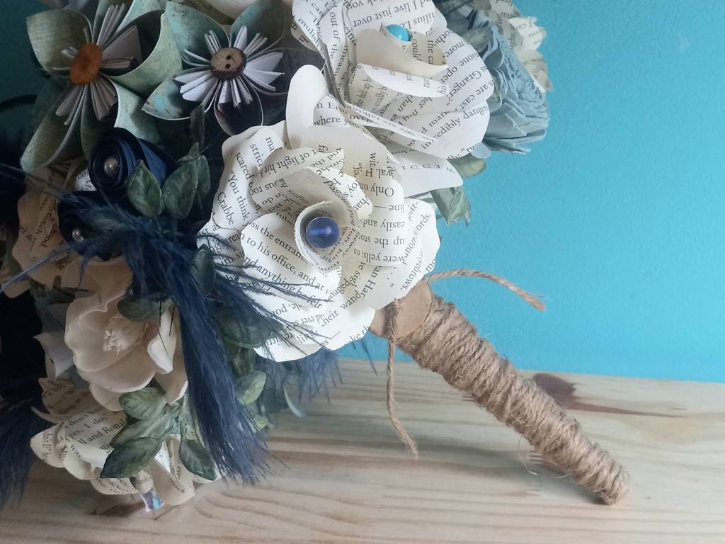Rustic Book Page Flower Bouquet with Feathers & Boutonniere