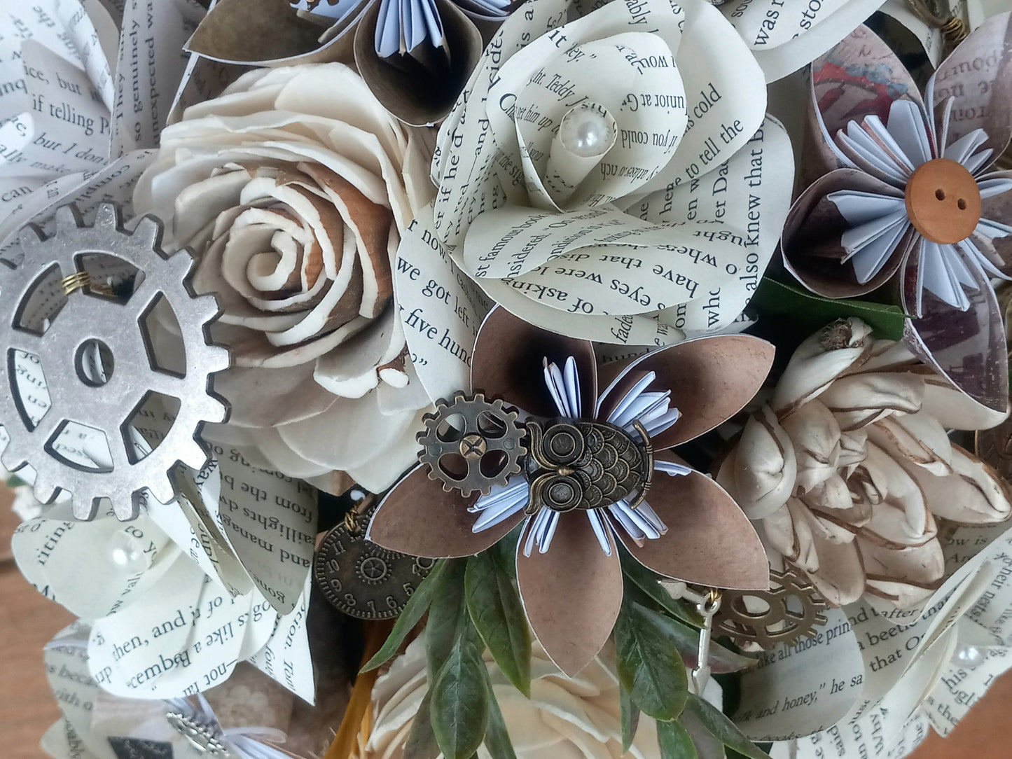 Storybook Theme Steampunk Brides Bouquet with a matching Boutonniere
