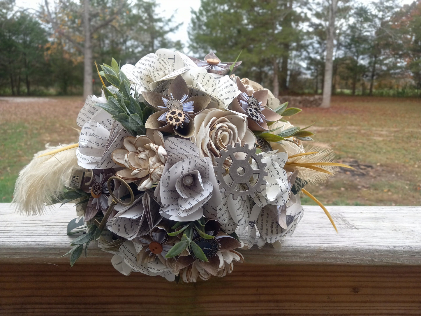 Storybook Theme Steampunk Brides Bouquet with a matching Boutonniere
