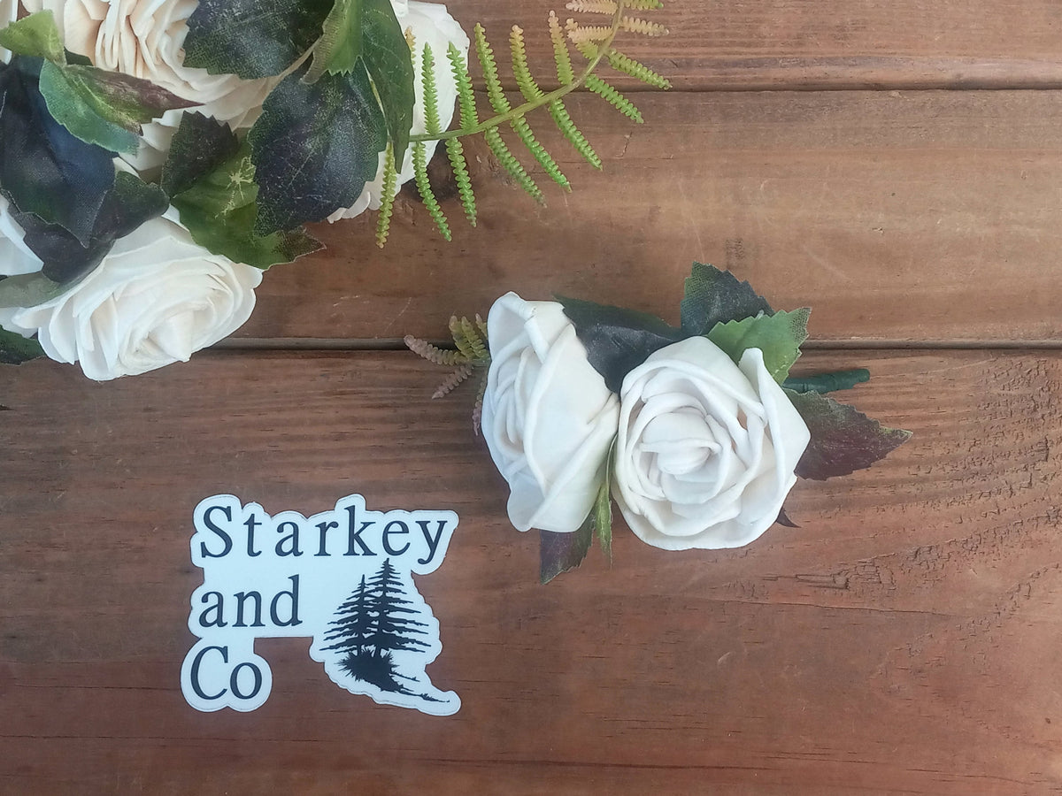 Ivory Sola Wood Bridal Bouquet with Rose Gold Rhinestone Brooches & Boutonniere READY TO SHIP