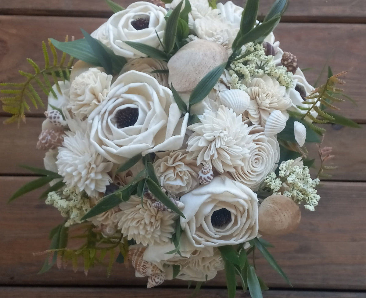 Seashell Wedding Bouquet with Boutonniere: Sola Wood Flower Keepsake. Sola Wood Flower Brides Bouquet and Grooms Boutonniere