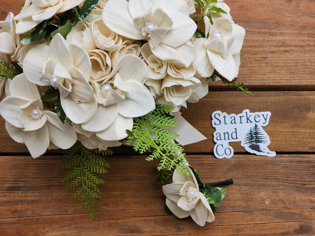 Phalaenopsis Orchid Wedding Bouquet with Boutonniere. Sola Wood Flower Brides Bouquet and Grooms Boutonniere